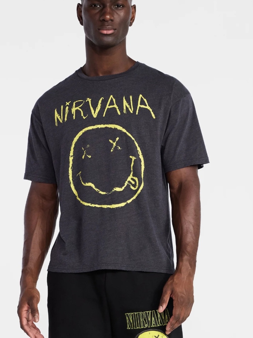 NIRVANA gray Short Sleeve Tee with Yellow Smiley Logo - Picture 2 of 6